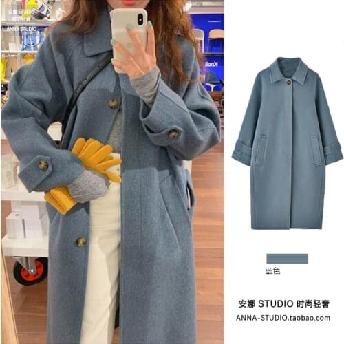 Blue mid-length woolen coat womens 2021 new autumn and winter lazy loose and thin quilted thick woolen coat
