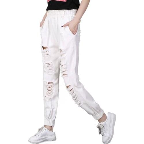 White Black High Waist Jeans Woman 2020 Korean Women Casual Loose Ripped Hole Denim Pants Trousers Jeans Femme Plus Size 5XL
