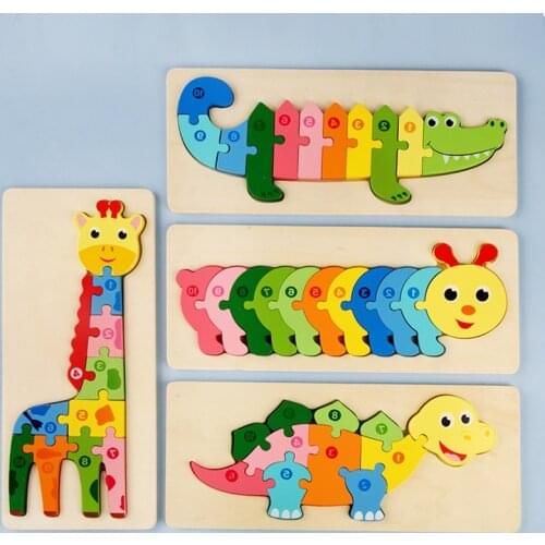 Wooden Lovely 3D Dinosaur Giraffe Animal Number Jigsaw Puzzle Children Kids Montessori Educational Toy Children Funny Gifts