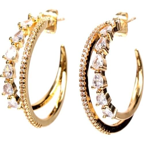 EYIKA Luxury Shiny Cubic Zirconia Geometric Double Layer Water Drop Stud Earrings Women Gold Color Circle Earring Jewelry Gifts