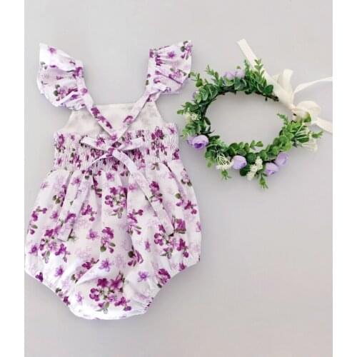 Flofallzique 2021 New Summer Cotton Petal Sleeve Purple Flower Floral Pattern Newborn Girls Romper For Birthday Anniversary