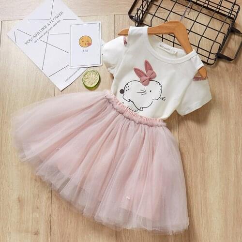 Girls Short Sleeve Cartoon Rabbit Print T-Shirt+Solid Color Tutu Skirts 2PCS Clothing Sets Casual Girls Summer Clothing Suits