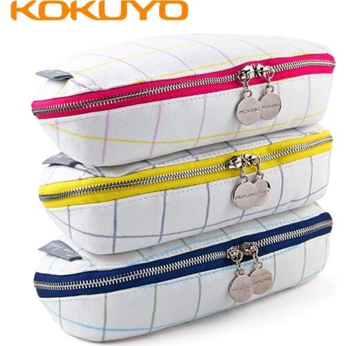 1 Pack KOKUYO Pencil Bag WSG-PCL12 Lattice Printing Cotton Shell Type Large Capacity Small Fresh Office and School Supplies