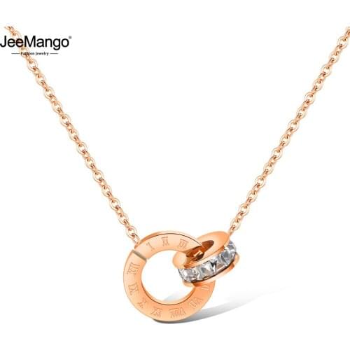 JeeMango Fashion Luxury Rose Gold Roman Numerals Pendant Necklace For Women AAA CZ Stainless Steel Necklace Jewelry JN17032