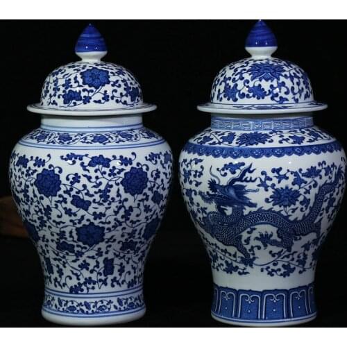 Chinese Style Antique Imposing Ceramic Ginger Jar Home Office Decor Blue and White Porcelain Vase