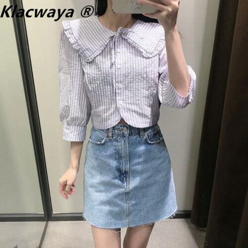 Klacwaya Za Woman 2021 Shirts Blue Striped Crop Top Female Button Up Summer Shirt Peter Pan Collar Puff Sleeve Ladies Blouse