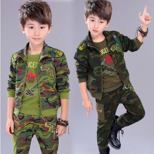 Children Camouflage Clothing Suit 3 Pcs Set Spring Fall Boys Military Uniform Clothes Kids Hooded Vest Coat + Tops + Pants Suits