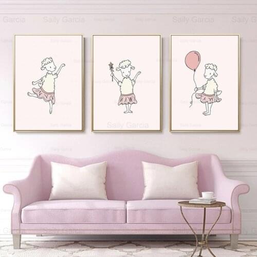Cute Lamb In Skirt Canvas Painting Poster Pink Background Wallpaper Art Nursery Kid Room Decoration Picture Craft Print