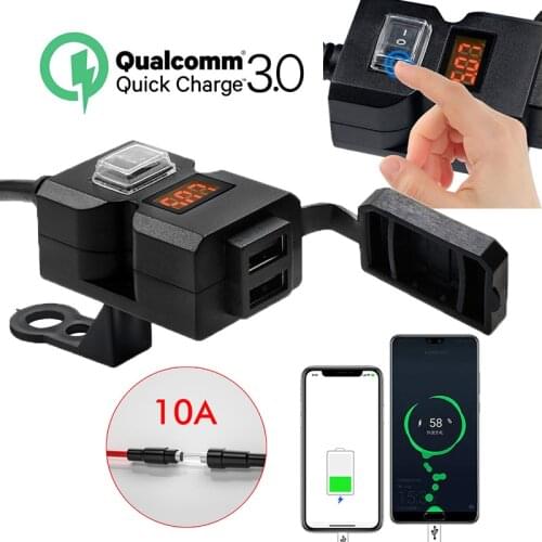 Motorcycle Dual USB 12V Waterproof Handlebar Digital display QC3.0 2.1A Adapter Power Socket Splitter Charger for Mobile Phone