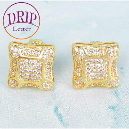 11MM Width Square Mens Stud Earring Gold Color Charm Full Cubic Zircon Women Earrings Fashion Hip Hop Screw Back Jewelry