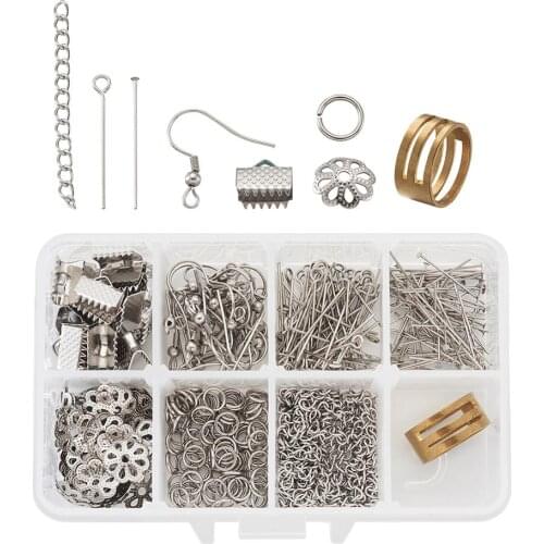 DIY Jewelry Making Materials Tool Set Stainless Steel Eye Pin/Ribbon Ends/Earring Hooks/Jump Rings/Bead Caps/Extender Chains