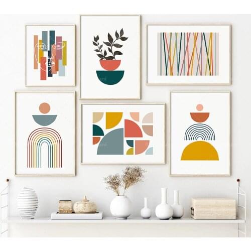 Mid-century modern art prints 6-piece set, abstract shape gallery wall set, blue and pink mustard color geometric printable wall