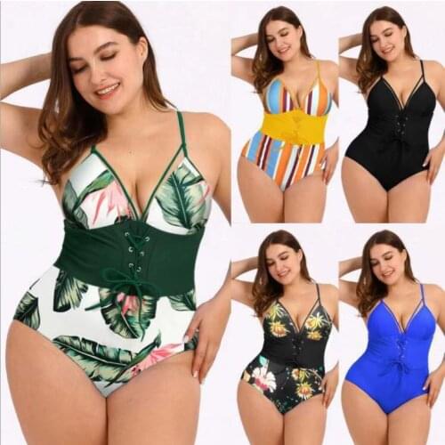 2021 New Abdomen Control Wasit Push Up Swimsuit Print Swimwear Vintage Retro Bathing Suits Bodysuit Beach Wear Backless XXXL