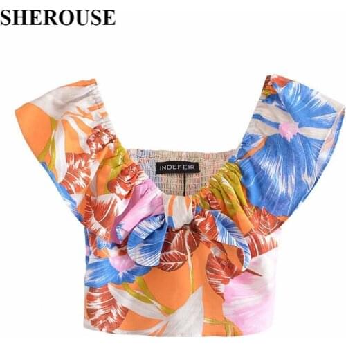 2021 New Summer Women Printed Tops Ruffled Elastic Waist Cropped Tank Tops Casual Soft Sexy Chic Lady Woman Clothes
