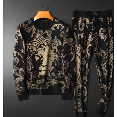 2021 fall/winter new hot rhinestone printed hedging mens long-sleeved casual sports suit fashion slim round neck