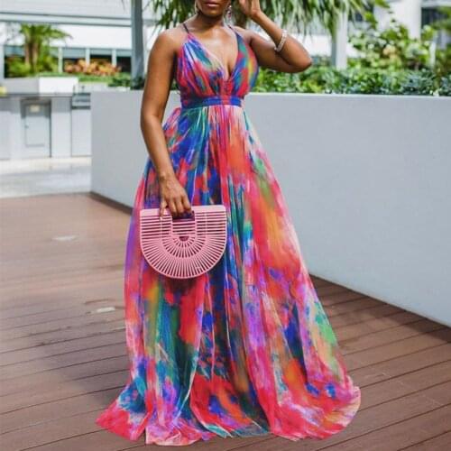 Sexy Backless Deep V Lady Party Dress Elegant Tie-Dye Print Beach Long Dress Fashion Women Sleeveless Sling Maxi Dress Vestidos