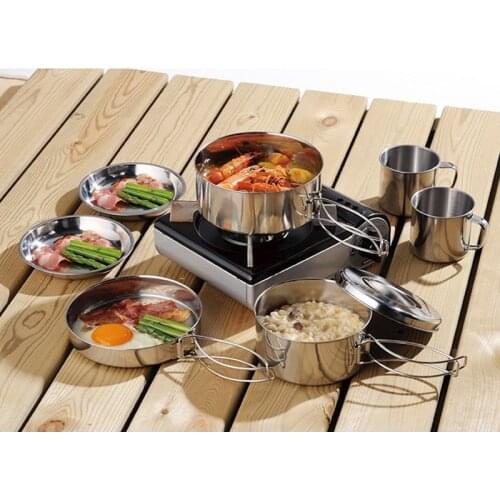 Camping Outdoor Tableware Stainless Steel Bowls Folding Cooking Set Hiking Taveling Cookware With Net Bag