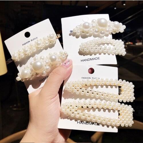 New 2PCS/Set Fashon Full Pearls Geometric Hairpins For Women Girls Sweet Headband Hair Clips Barrettes Lady Hair Accessories