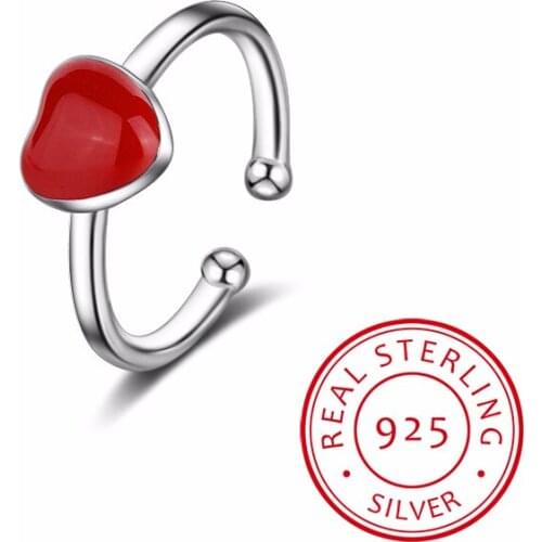 Real 925 Sterling Silver Enamel Red Heart Ring For Fashion Women Cute Fine Jewelry Accessories 2019 Gift