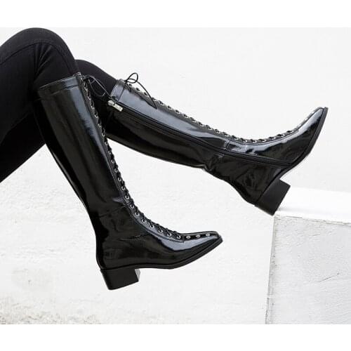 Boots Women Autumn Winter Genuine Leather Warm Side Zipper Cross Tied Boots Women Round Toe Boots Black Knee High Boots