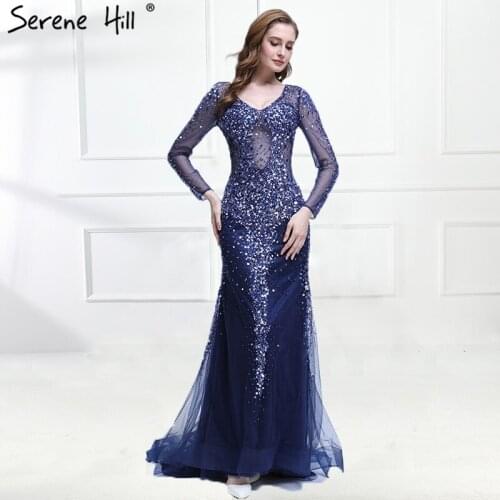 Sexy See Through Long Sleeve Mermaid Evening Dresses 2020 V-neck Navy Blue Crystal Beaded Party Gown Serene Hill BLA6400