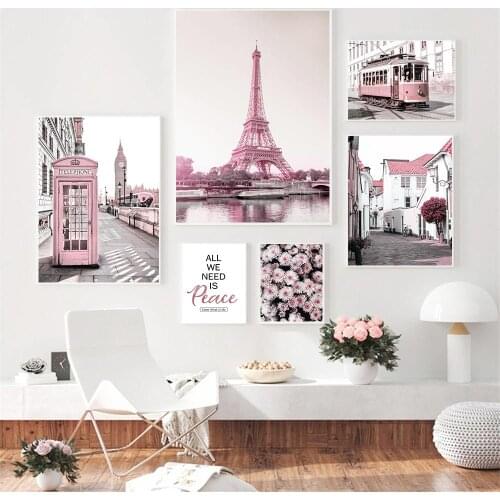 Modern Pink Flower Wall Art Poster Eiffel Tower Mailbox Architecture Art Print Quotes Canvas Painting Nordic Pictures Home Decor