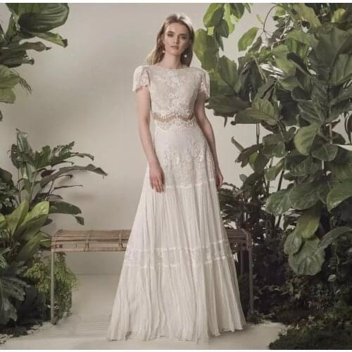 Bohemian Wedding Dress A-Line O-Neck Cap Sleeve Lace Appliques Sequined Backless Tulle Floor Length Formal Bride Gown New