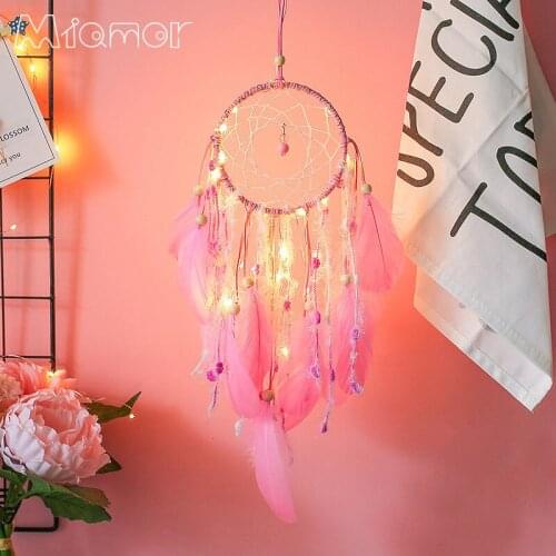 Green Dreamcatcher With String Light Handmade Dream Catcher With Feathers Bar & Cafe & Home Wall Hanging Decor Ornament Amor0131