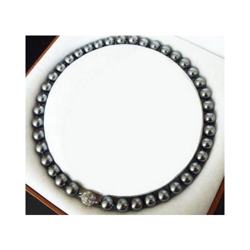 10mm Natural Black South Sea Shell Pearl Round Gems Beads Necklace wedding Women Gift word 925 Round Beads Necklace