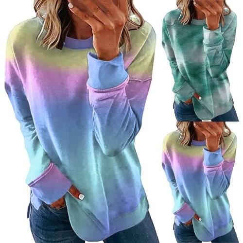 Women Long Sleeve Round Neck Color Gradient Printing T-Shirt Tops Winter Regular Polyester Daily All-match Lovely Girls T-shirt