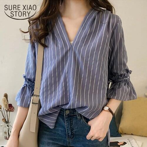 2020 Summer New Korean Version Trumpet Sleeves V-neck Tide Design Striped Shirt Women Tops and Blouse Blusa Verano Mujer 9212 50