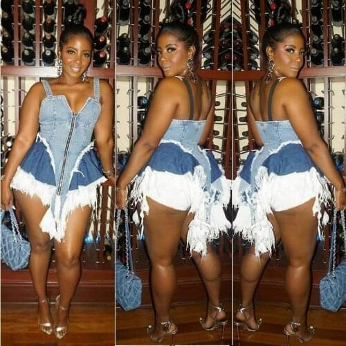 V Neck Denim Sexy Bodycon Cropped Zipper Top Suit Party Club Outfit Women High Street Clothing Hem Long Style Ruffle Hem Tops