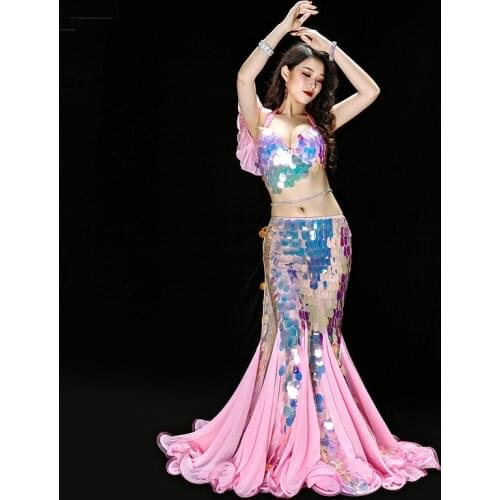 Bellydance Clothes Mermaid Sexy Long Dress Sequin Womens Oriental Belly Dance Costumes for Sale Dancing Outfits Bra+skirt Suit