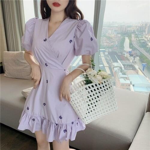 Embroidery Short-Sleeved Dress Female Korean Temperament Daisy Midi Fishtail Dress