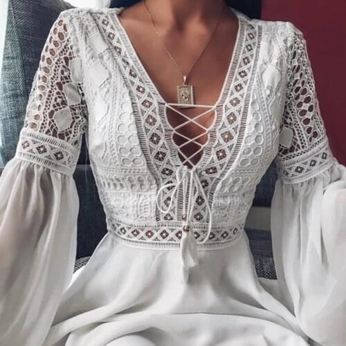 Sexy Slim Lace V-Neck Hollow Out Party Dresses Women Summer Solid Color Flare Sleeve Mini Dress Chiffon Elegant Ruffle Dress