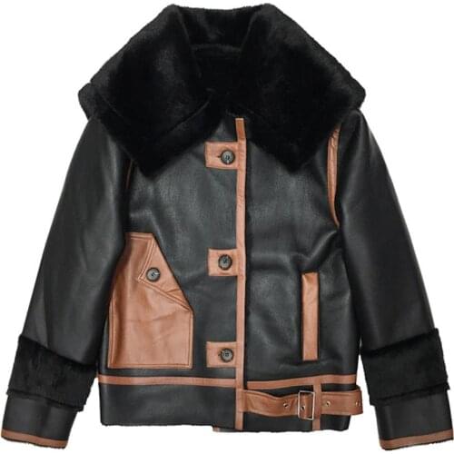 Winter New Faux Mink Fur Sailor Collar PU Leather Jacket Women Mixed Color Pocket Adjustable Waist Loose Casual Motorcycle Coat