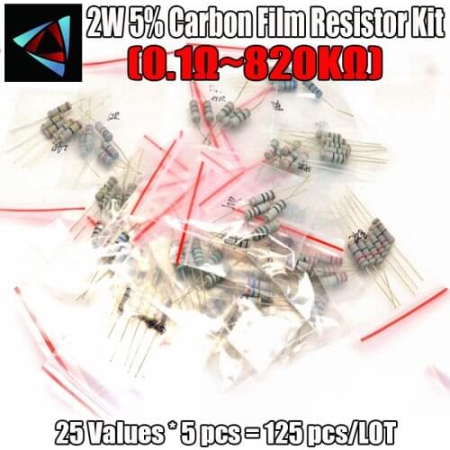 2W 5% 0.1R~820K,25ValuesX5PCS=125PCS Resistor Carbon Film Resistor Assorted Kit, Sample bag