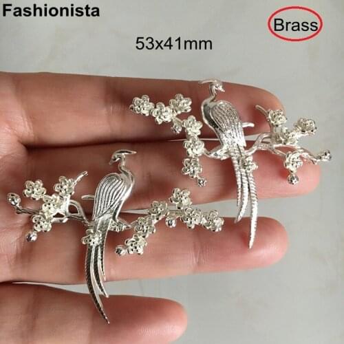 2 Pairs(4 pcs) Silver Pheasant on Branch 53x41mm Brass Casted Bird on Wintersweet,Gold/Silver-color,DIY Crafts Materials -A