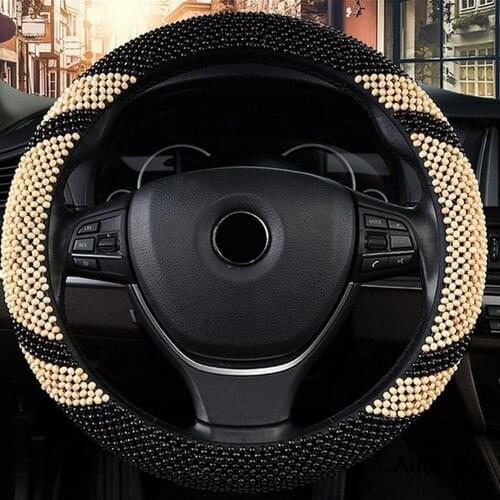 38CM Car Steering Wheel Cover Wooden Beads Leather Anti-skid Handlebar Cover Breathable Car Accessories Handlebar Cover 1PCS