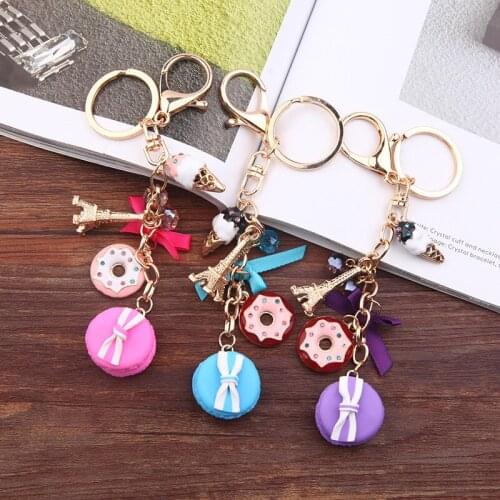 Cake Keychain with France Paris Tower Macarons Ribbon Keyrings Bag Charm Gift Accessories 1pc