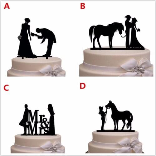 Free Shipping Western Style Bride & Groom Silhouette Wedding Cake Topper Mr & Mrs Black Acrylic Cake Topper Decoration