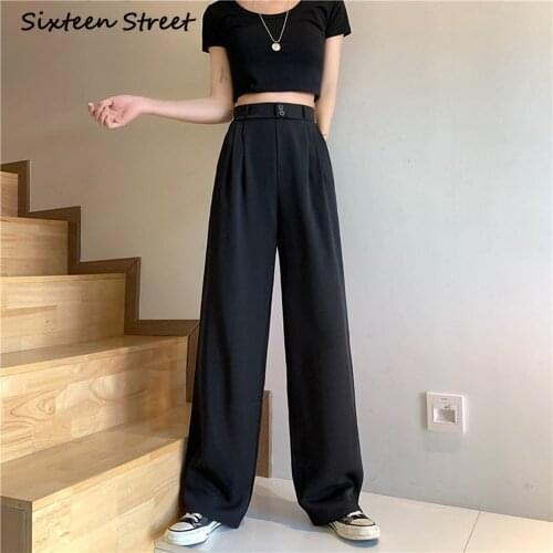 Autumn Womens Pants Trousers Office Lady Button Zipper Korean Clothing Style High Waist Female Wide Leg Pants Elastic Waits Y2K