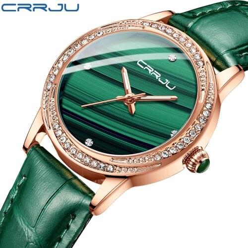 Women Green Watch CRRJU Fashion Luxury Diamond Watches Ladies Dress Simple Mesh Bracelet Waterproof Quartz Watches reloj mujer