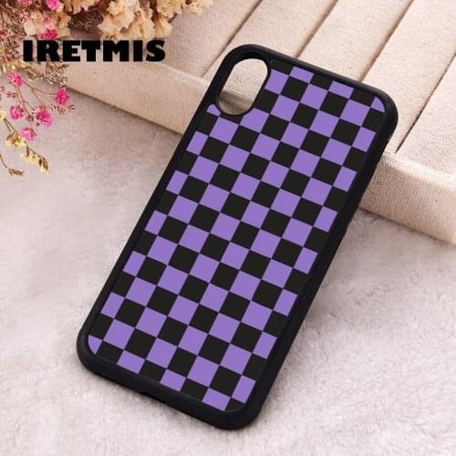 Iretmis 5 5S SE phone cover cases for iphone 6 6S 7 8 Plus X Xs XR 11 12 MINI Pro Max Soft Silicone TPU Purple Checkerboard Chic