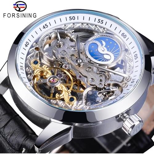 Forsining Fashion Skeleton Automatic Mechanical Mens Watch Leather Strap Moon Phase Tourbillon Waterproof Business Wristwatches