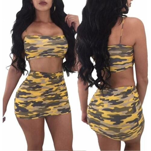 Camouflage two piece set Strapless crop top women clothes Plus size Sexy tops Mini skirt