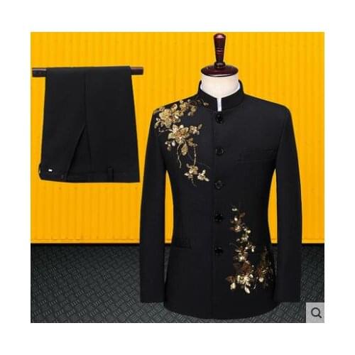 Chinese tunic suit men suit set with pants mens wedding suits Sequin embroidery singer slim formal dress mens groom suit black