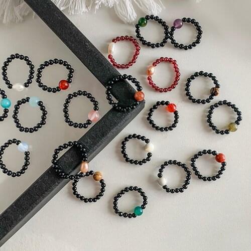 Reiki Healing Jewelry 3mm Obsidian Natural Stone Rings for Women Girls Amethyst Garnet Pearl Elastic Rope Beaded Ring Adjustable