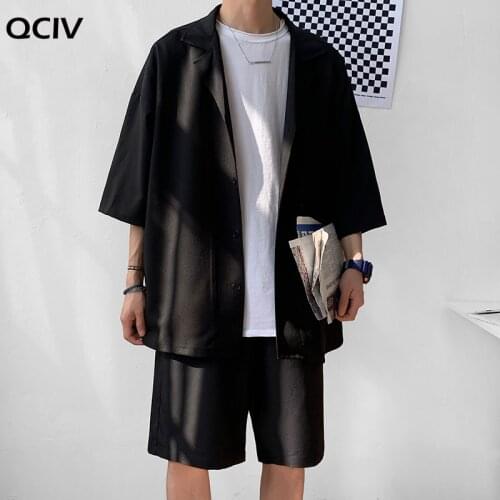 Korean Style Mens Set Suit Jacket and Shorts Solid Thin Short Sleeve Single Pocket Knee-Length Summer Oversized Clothing Man