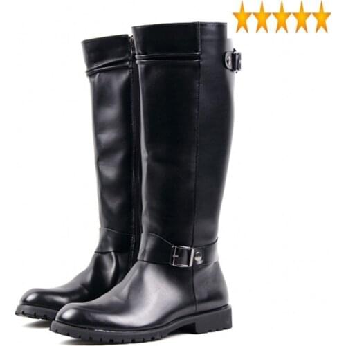 Leather Vintage Brogue Mens Buckle Long Zip Knee High Riding Shoes brown New Stylish For Man Army Boots Free Shipping